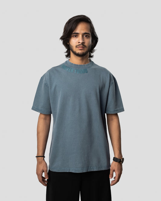 Acid Wash Oversized Drop Shoulder T-Shirt - Denim Blue